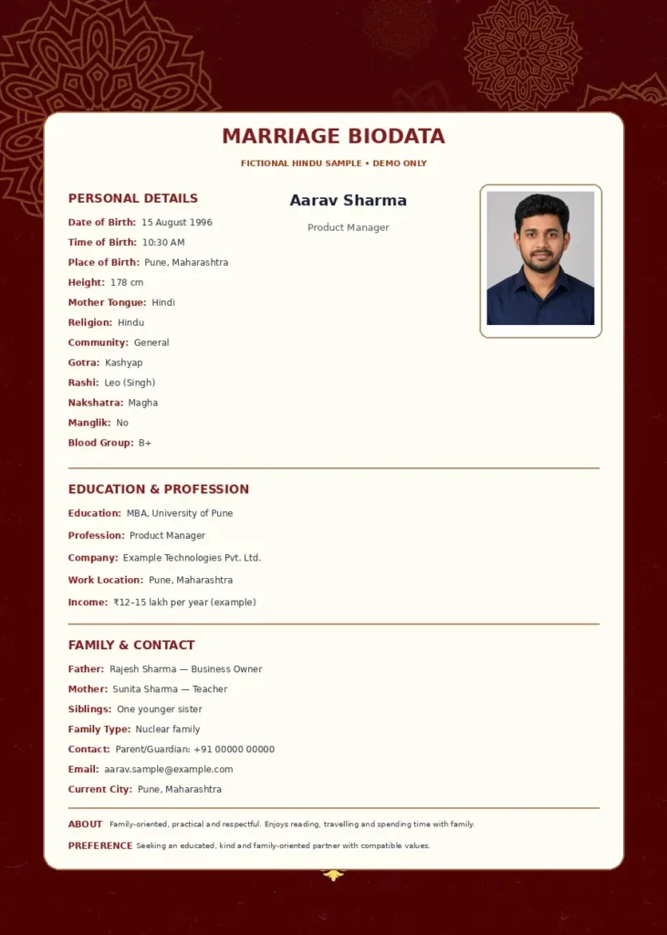 classic-elegance-hindu-fictional-sample Classic Elegance marriage biodata template