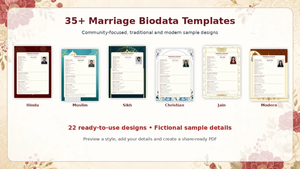 featured-community-marriage-biodata-template-collage alt="Modern, traditional and community marriage biodata template collection"